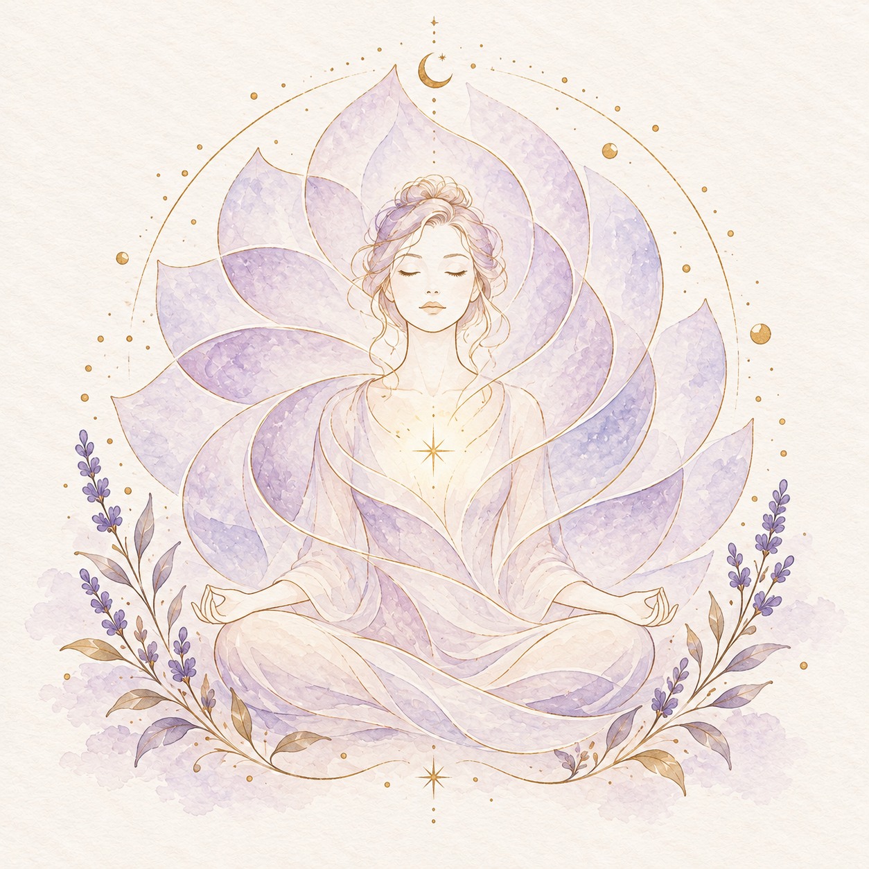 On İki Sarmal: lila katmanlar içinde sakin bir meditasyon figürü.